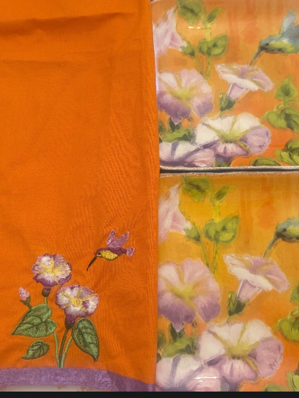 New Orange Floral Embroidered hummingbird hand towel and two matching plates